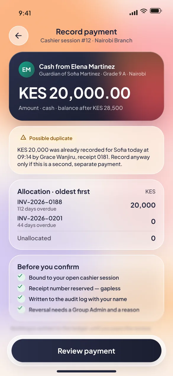Classbell mobile cash payment: the payer, KES 20,000 allocated oldest-first across two invoices, and a duplicate-payment warning