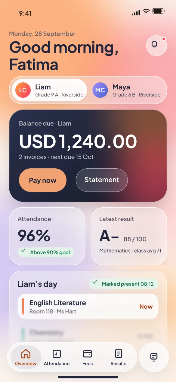 Classbell mobile parent overview: a child switcher, the balance due with a Pay now button, attendance and the latest result