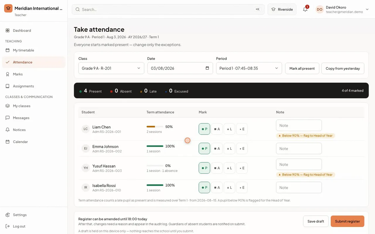 Classbell teacher attendance screen with per-student present, absent, late and excused controls