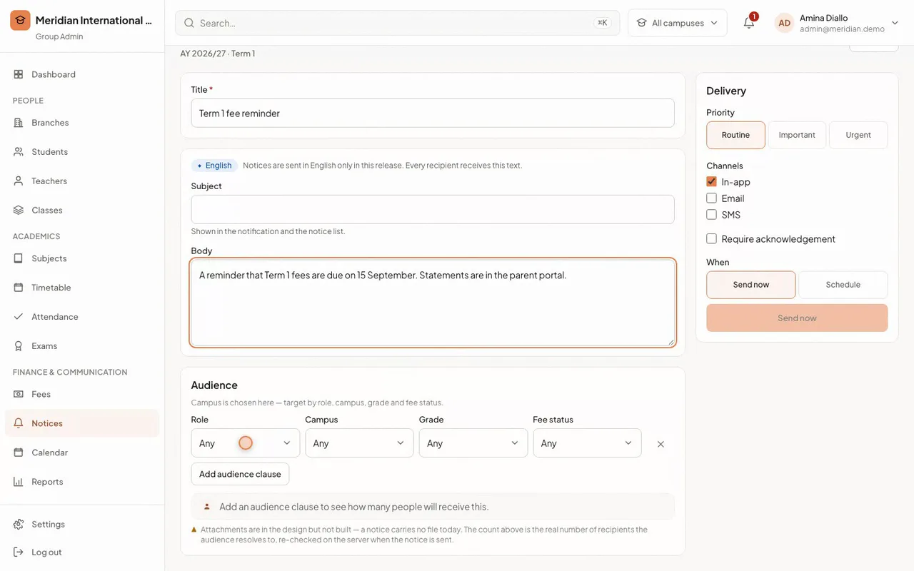 Classbell notice composer with an audience builder and live recipient count