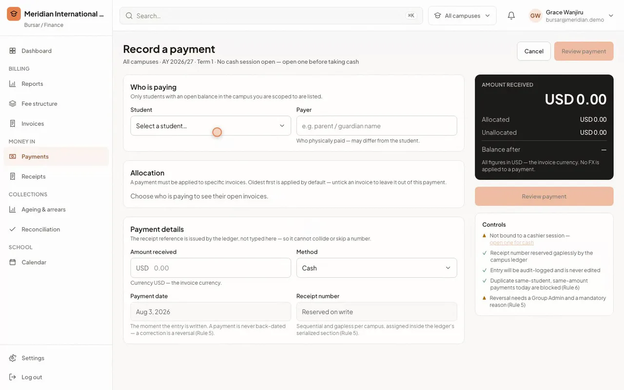 Classbell record-payment screen allocating a payment against invoices oldest first