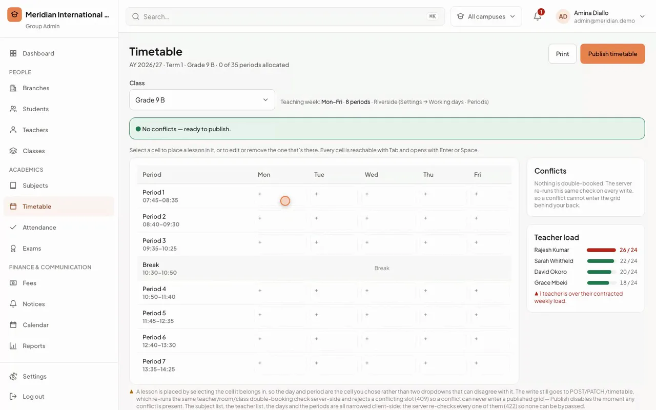 Classbell timetable grid showing detected teacher and room conflicts blocking publication