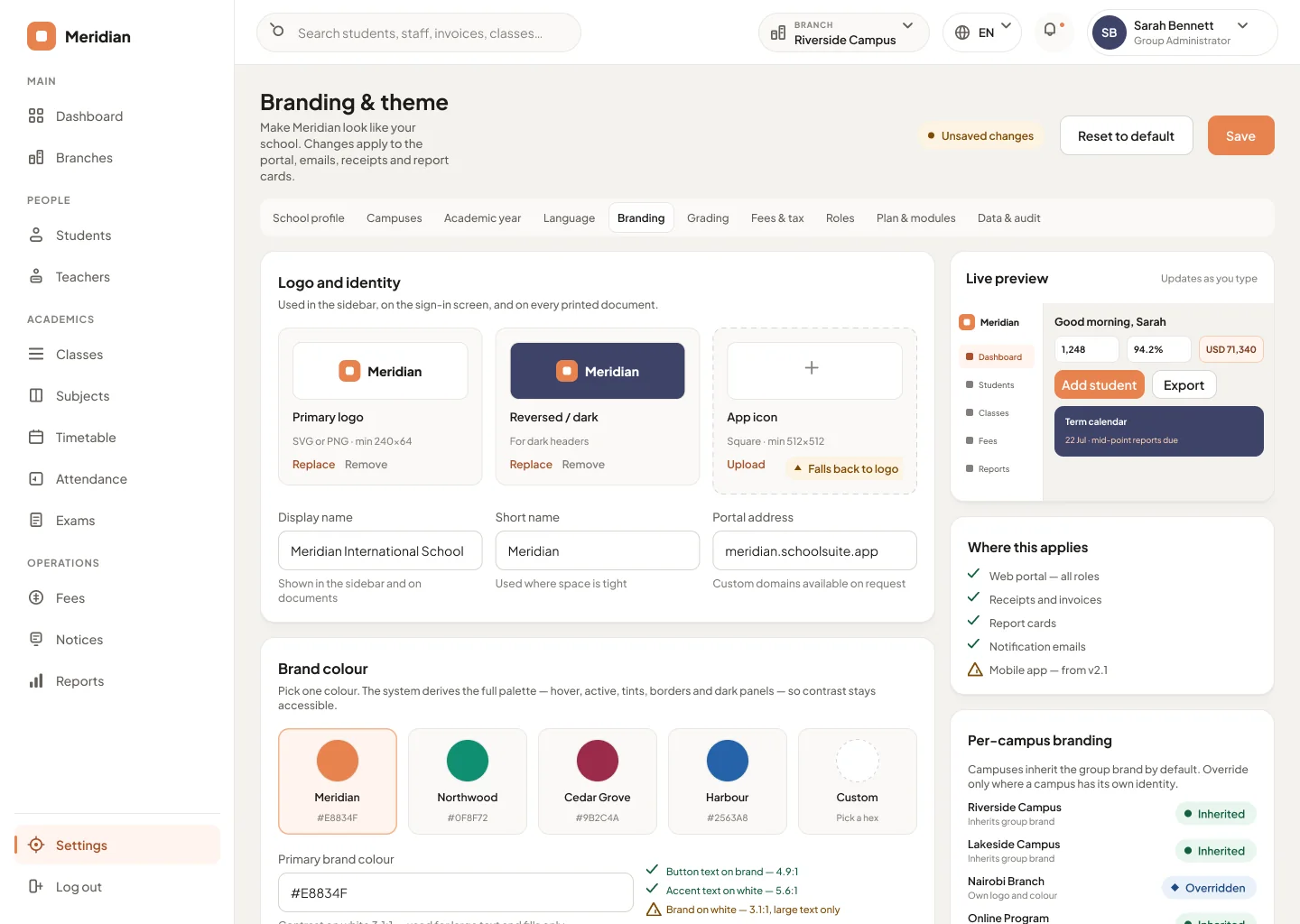Classbell branding settings: logo slots, a single brand colour input with live contrast checks, and a live preview