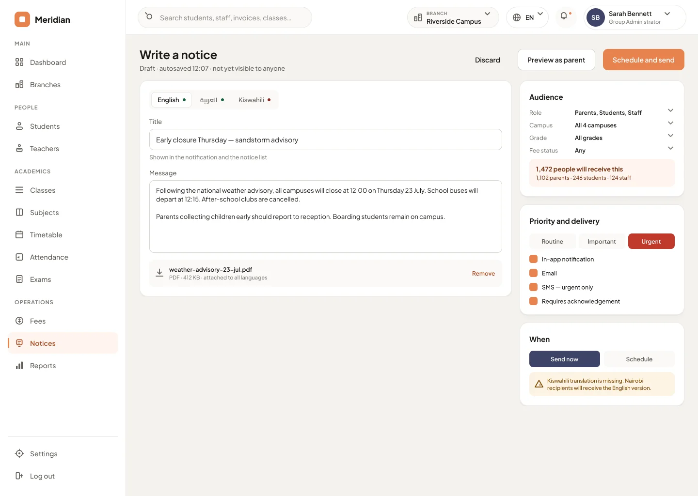 Classbell notice composer with an audience builder and live recipient count