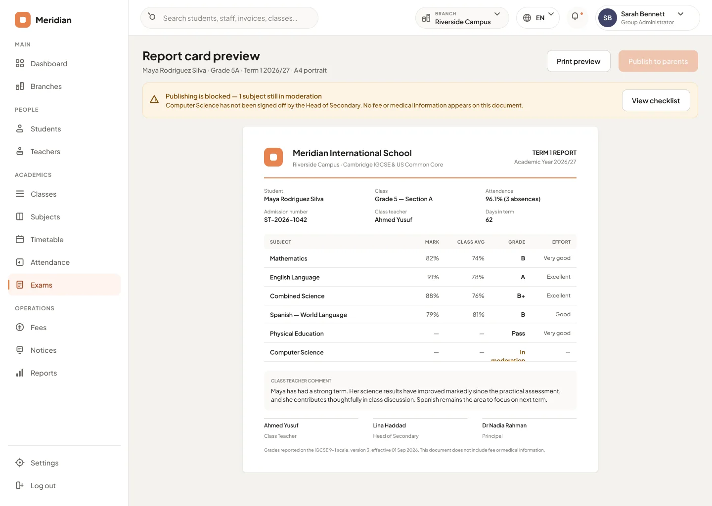 Classbell report card preview awaiting moderation before publication