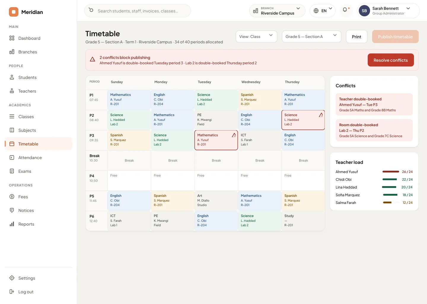 Classbell timetable grid showing detected teacher and room conflicts blocking publication
