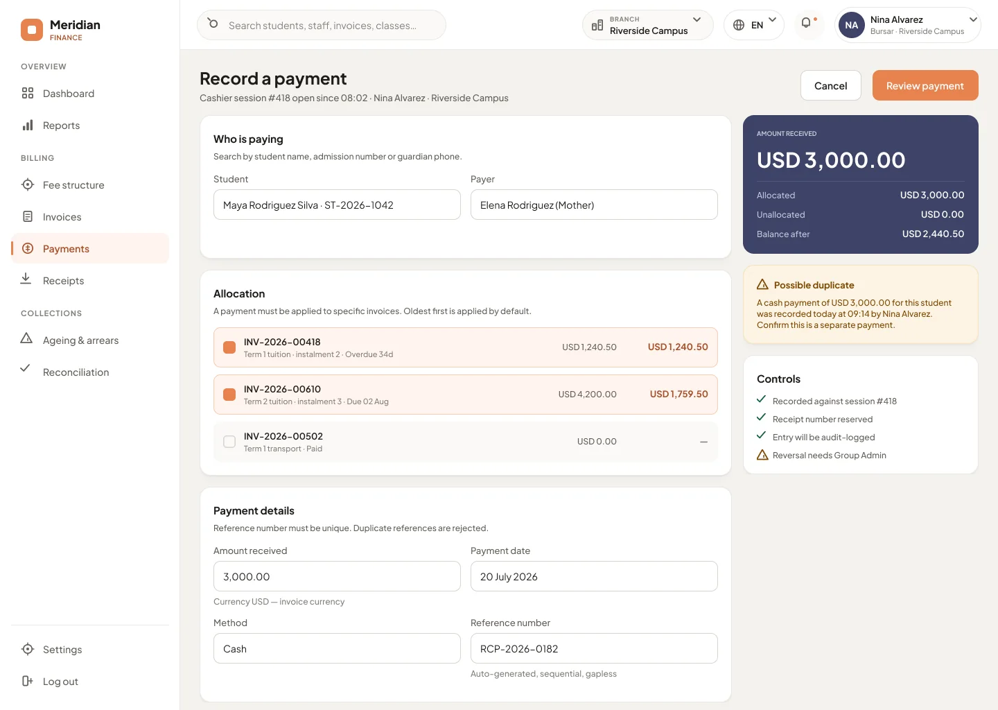 Classbell record-payment screen allocating a payment against invoices oldest first
