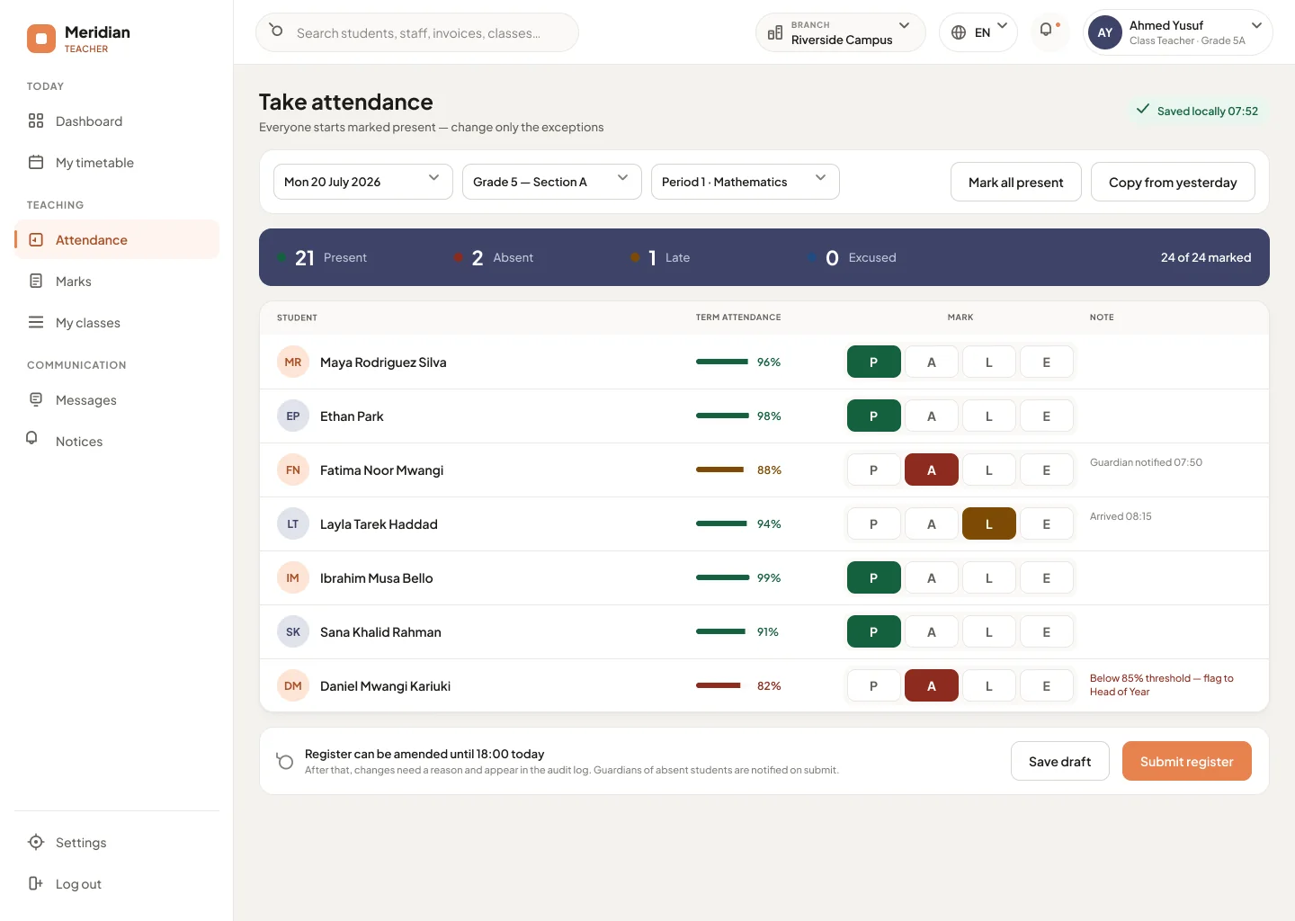 Classbell teacher attendance screen with per-student present, absent, late and excused controls