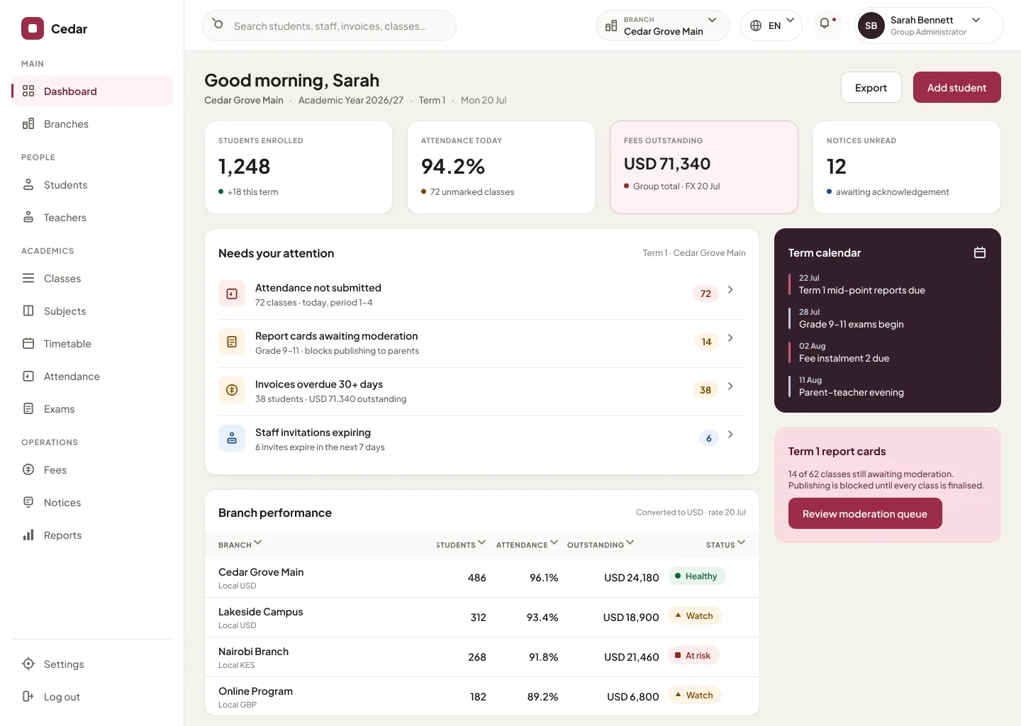 The same Classbell dashboard re-themed in Cedar Grove burgundy