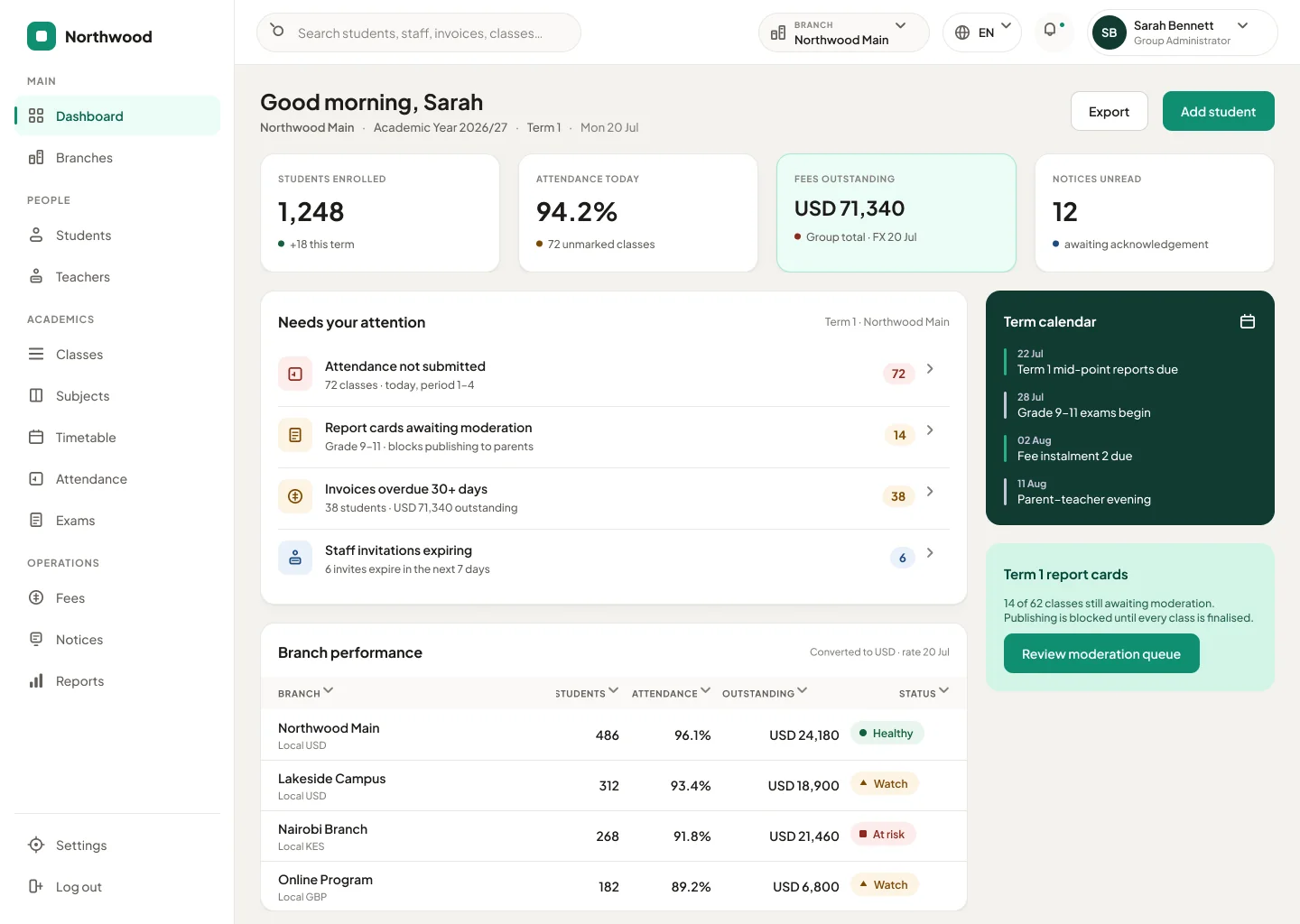 The same Classbell dashboard re-themed in Northwood Academy teal